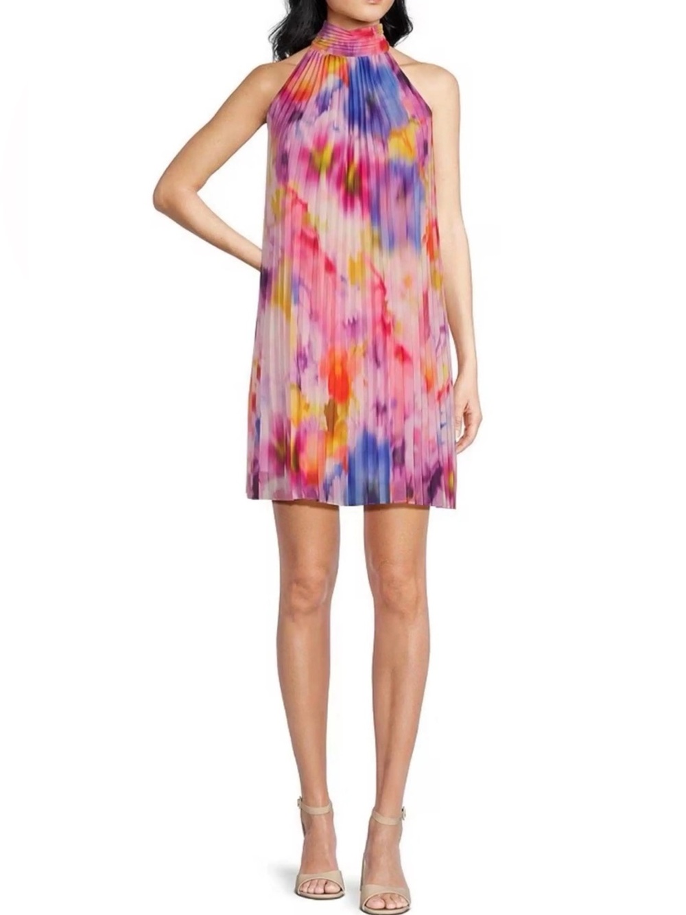 NWT Badgley Mischka Valeria Pleated Halter Mini Dress Pink Multi Tie Dye Sz 6